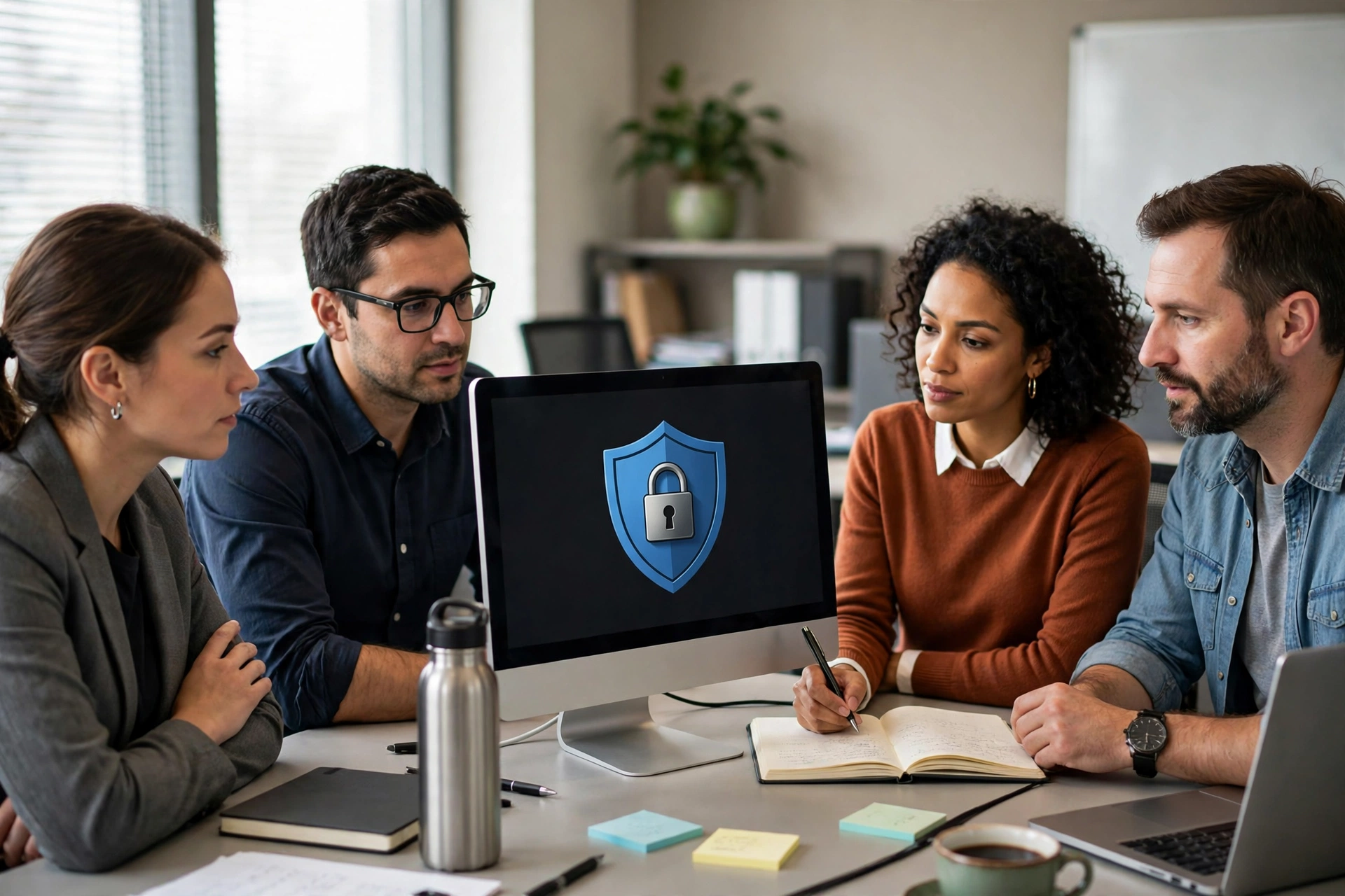 How to build a security-first company culture: employees learning cybersecurity awareness in an office